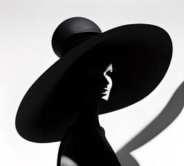 Fashion portrait of young lady with beautiful black hat and evening dress. Stylish elegant woman with modern jewelry.illustration with studio shot of beautiful model on gray background.generative ai