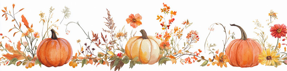 Naklejka premium Autumn harvest with pumpkins and wildflowers in the landscape