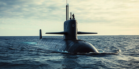 Submarine navigating through calm ocean waters at dusk