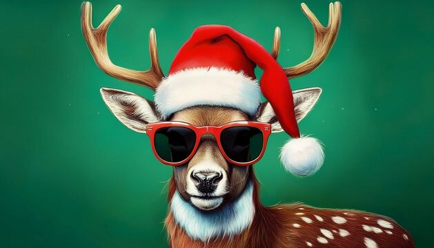 schonen nikolaustag grusskarte mit deutschem text cooler hirsch mit nikolausmutze und sonnenbrille isoliert auf grunem hintergrund