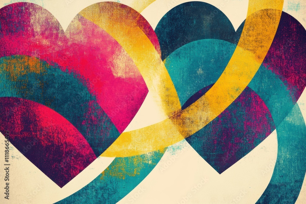 Aufkleber bright and vibrant abstract design showcases overlapping hearts and curves in retro risograph style,
