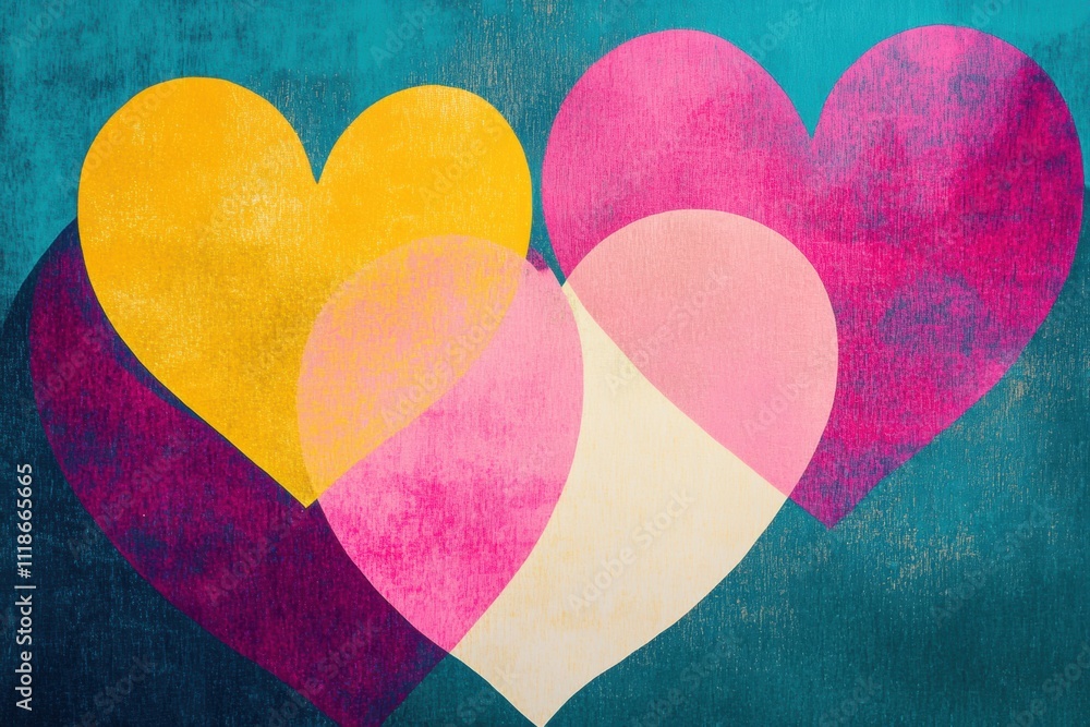 Poster four vibrant hearts in retro colors create an abstract design, offering creative space for text and 
