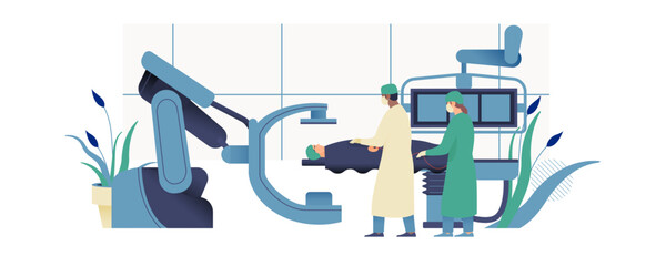 Coronary Angiography Procedure. Medical Equipment. Doctor and Nurse Perform Cardiac Catheterization on Patient in Laboratory. Modern Flat Vector Illustration.