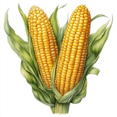 Illustration of two ears of corn with green leaves.