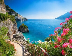 illustration of a serene amalfi coast cove with lush greenery bright flowers and a winding path leading to a tranquil turquoise bay under clear blue skies selective focus