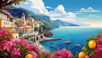 vivid amalfi coast illustration featuring a charming cliffside village vibrant bougainvillea lemon trees and turquoise sea under a sunny sky idyllic mediterranean atmosphere selective focus