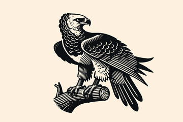 Fototapeta premium Harpy eagle bird. Vintage black engraving line art illustration, emblem, logo, isolated object. Print, tattoo