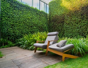 comfortable armchair relaxing in lush green garden with vertical garden