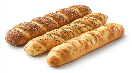 Fototapeta premium Assorted savory breads, such as ciabatta, baguette, and whole grain, are showcased individually.