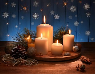 burning candles are casting a warm glow on this rustic christmas scene