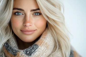 Fototapeta premium Smiling young woman in a cozy scarf on a soft background in a natural setting