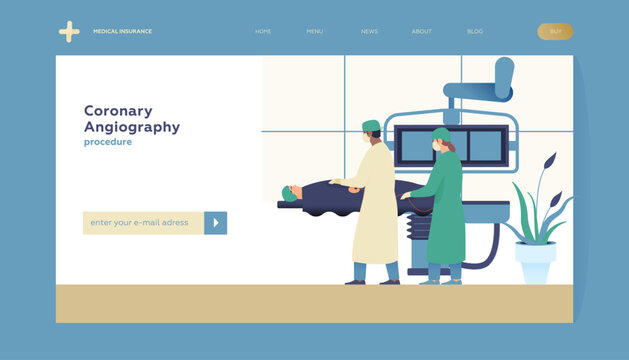 Coronary Angiography Procedure. Medical Equipment. Doctor and Nurse Perform Cardiac Catheterization on Patient in Laboratory. Modern Flat Vector Illustration. Landing Page Design Template. 