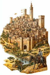 Walled city, river, horseman, desert landscape.