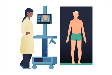 Dermatoscopy. Skin Cancer Screening. Medical Equipment. Female Medical Specialist Screening Male Patient on Birthmarks in Laboratory. Modern Flat Vector Illustration.