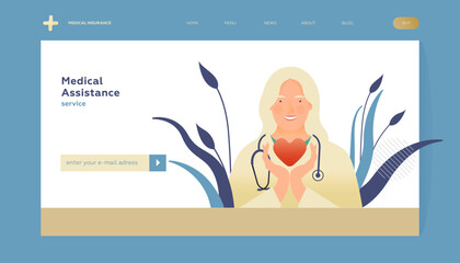 Young Female Medical Specialist Hold Red Heart on Abstract Background. Cardiology Concept. Modern Flat Vector Illustration. Landing Page Design Template. Website Banner.