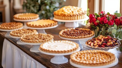 A display of various pies on stands, decorated with flowers, perfect for a festive gathering.