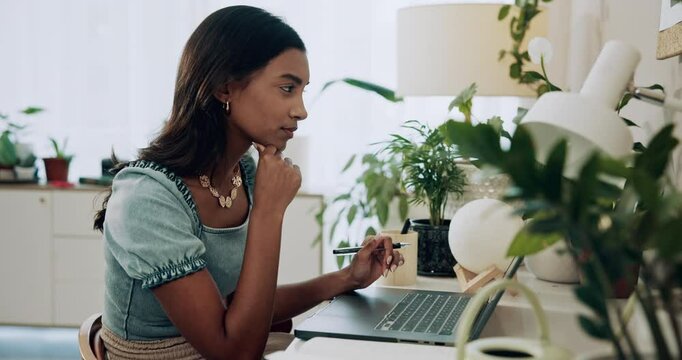 Woman, home and working on laptop for remote job, writer and online research for article at desk. Blog, social media and freelancer with digital post, internet and planning for web news story
