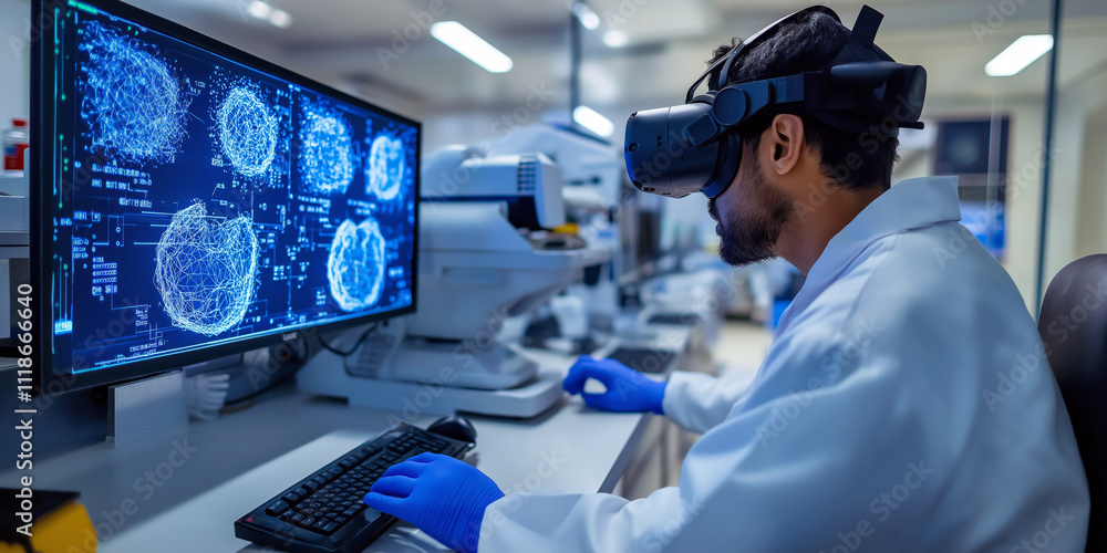Poster high-tech biolab of the future, researchers working on genome-editing projects with advanced virtual