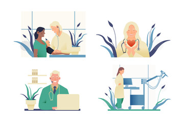 Set of Modern Flat Medical Insurance Illustrations. Blood Pressure Procedure, Medical Specialist Hold Red Heart, Spirometry, Plethysmography Equipment in Medical Office, Call Center.