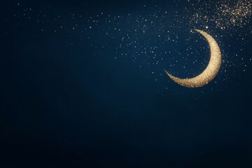 Fototapeta premium Golden crescent moon creating a magical effect with sparkling particles in dark night sky