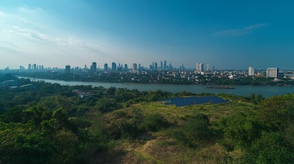 Fototapeta premium Panoramic view of a city skyline with a solar farm on a lush green hill.