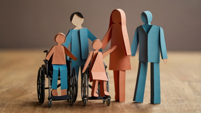 Figuras de papel con una familia diversa, cuidador feliz y voluntario, discapacitados
