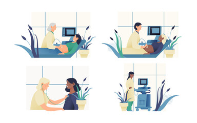 Set of Modern Flat Medical Insurance Illustrations. Ultrasonography Procedure, Cardiac Auscultation, Spirometry, Plethysmography Equipment in Medical Office.