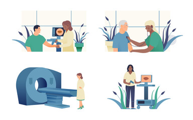 Set of Modern Flat Medical Insurance Illustrations. MRI Procedure, Dermatoscopy, Skin Cancer Screening, Cardiac Auscultation  in Medical Office.