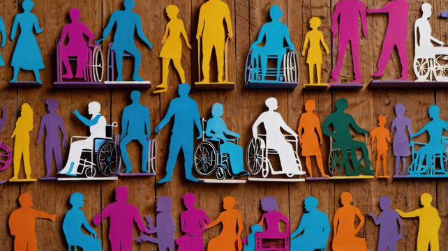 Concepto de inclusi&oacute;n con personas recortadas en madera colorida, algunas de ellas en sillas de ruedas
