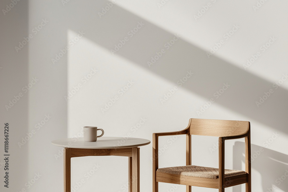 Poster minimalist chair and table setup with soft shadows in sunlight