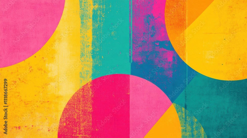 Poster bright and bold abstract design features colorful shapes in retro risograph style, providing a dynam