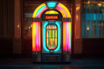Fototapeta premium Neon-lit vintage music machine, colorful, glowing.