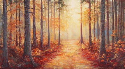 Obraz premium Tranquil autumn forest pathway in sunlight