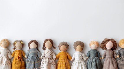 handcrafted cloth dolls, arranged in a neat row, minimalistic white background, warm earthy dresses, simple rustic style, soft textile details, copy space