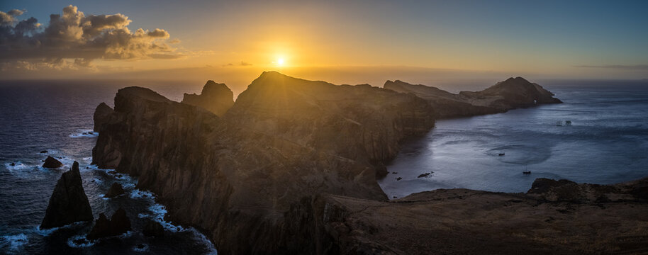 Panoramic view of Ponta de Sao Lourenco at sunrise, Canical, Madeira