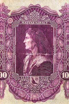 Vintage elements of old paper banknotes.Bonistics.Hungarian banknote at 100 pengos, 1930 year.Fragment banknote for design purpose.