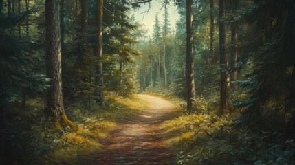 Obraz premium Tranquil forest path amidst lush evergreens