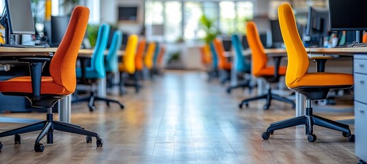 Fototapeta premium Bright organized office background blurred elements of chairs and desks in warm neutral tones leaving open areas for copy