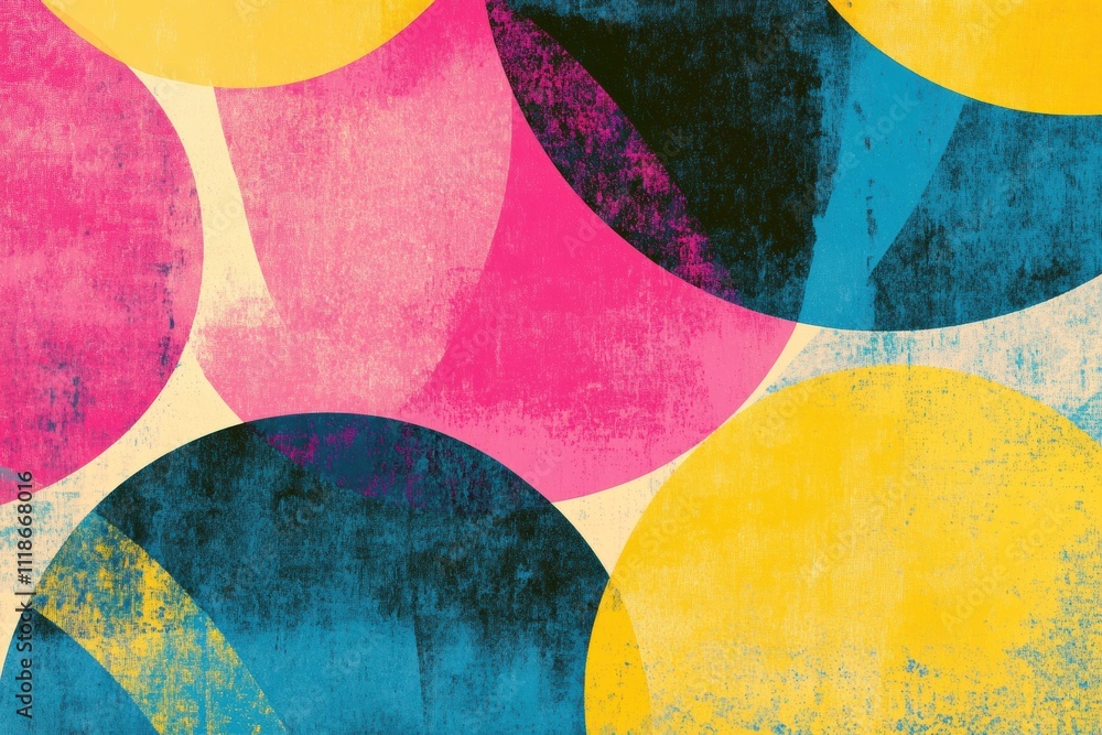 Aufkleber vibrant circles in pink, yellow, and blue create a retro risograph-style backdrop, offering extensiv