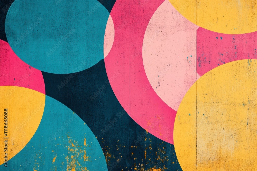Poster abstract design featuring colorful circles against a textured background, creating a playful atmosph