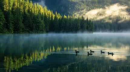 Fototapeta premium Tranquil lake with ducks and morning fog
