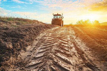 Fototapeta premium Tractor working at sunset on a freshly plowed field