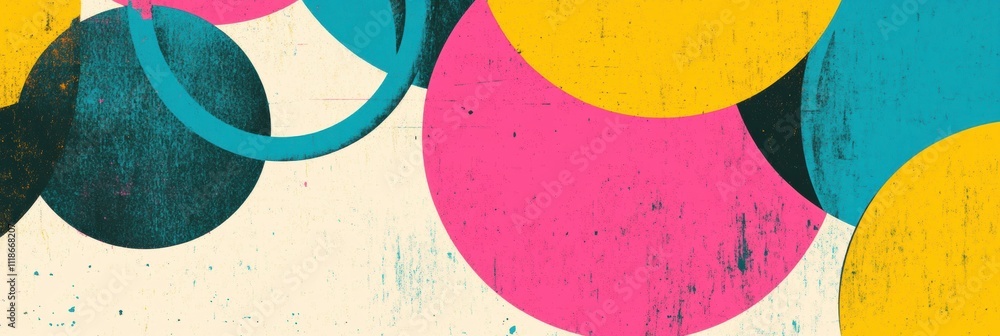 Poster dynamic abstract design featuring colorful circles in a retro style, ideal for mockups, with ample s
