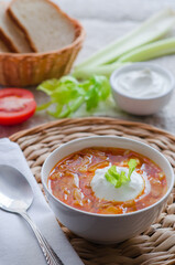 Borscht  with sour cream in the bowl