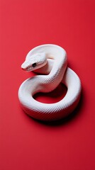 Obraz premium White snake coiled gracefully against a vivid red background in an artistic display
