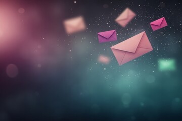 Colorful envelopes floating in a dreamy background of soft lights and particles