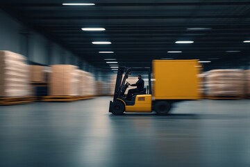 Busy warehouse operations with a forklift moving quickly past stacked pallets during night shift