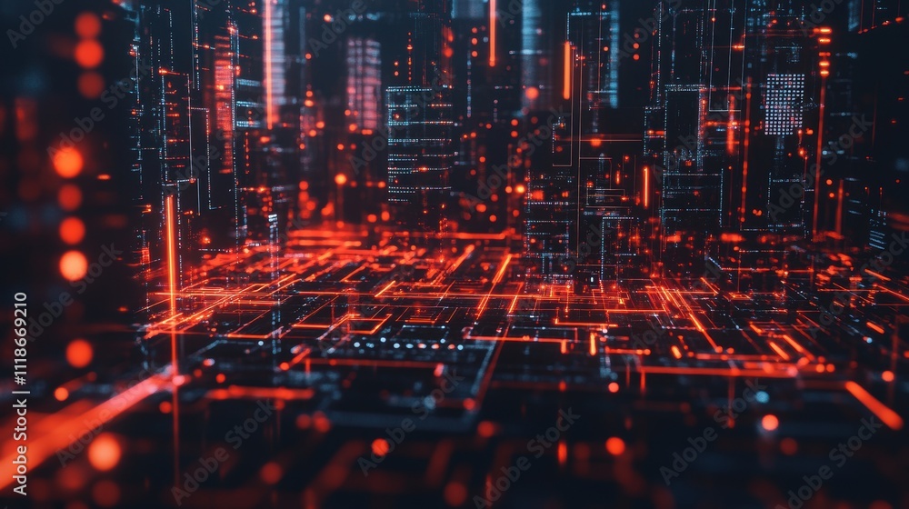 Poster abstract digital landscape with glowing lines and nodes, representing technology and data flow.