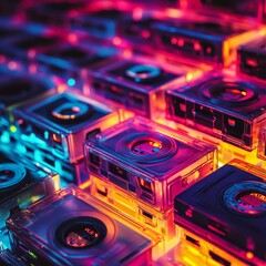 Neon-lit translucent film canisters, stacked tightly.