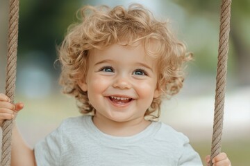 Child happily swinging in a park on a sunny day with vibrant autumn colors in the background